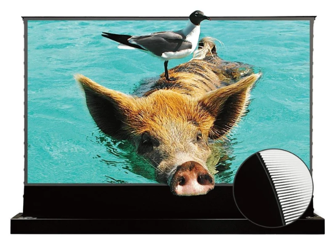 Vividstorm S Pro P motorized floor rising ALR projector screen showing a bright image